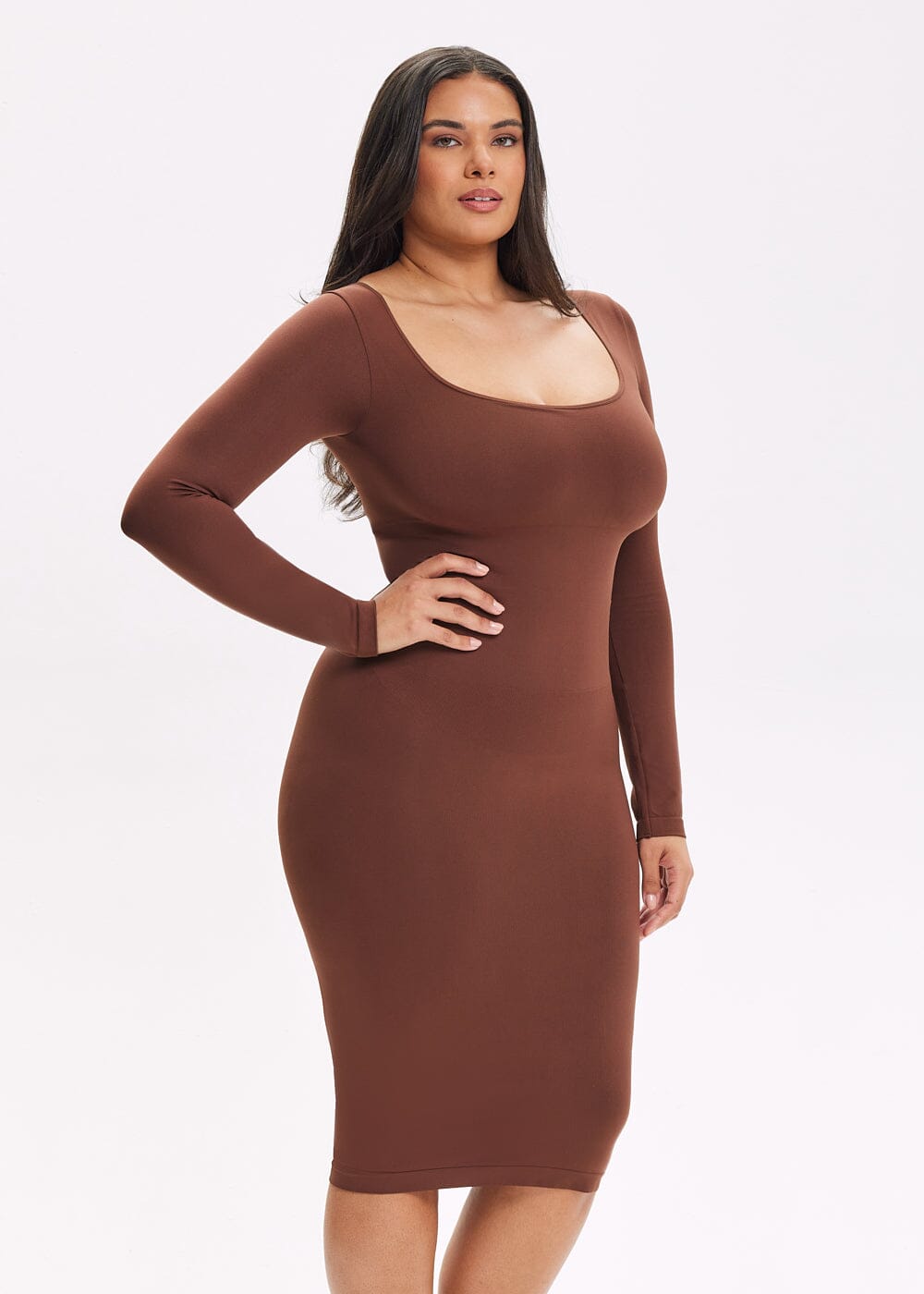 Vestido Modelador Midi de Manga Comprida com Decote Quadrado